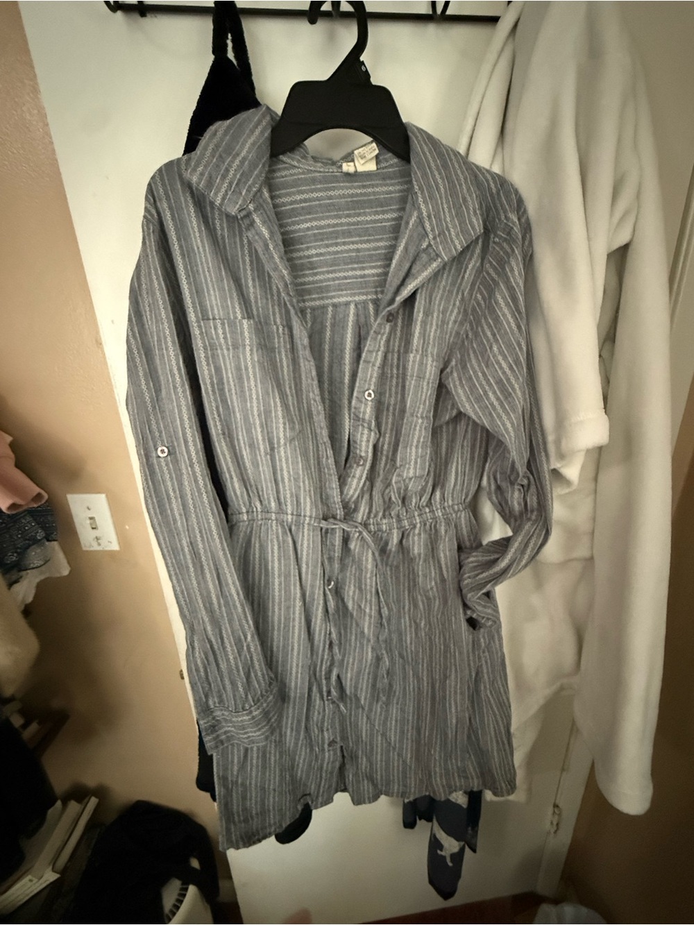 Striped Blue Button-Front Shirt Dress with Waist Tie